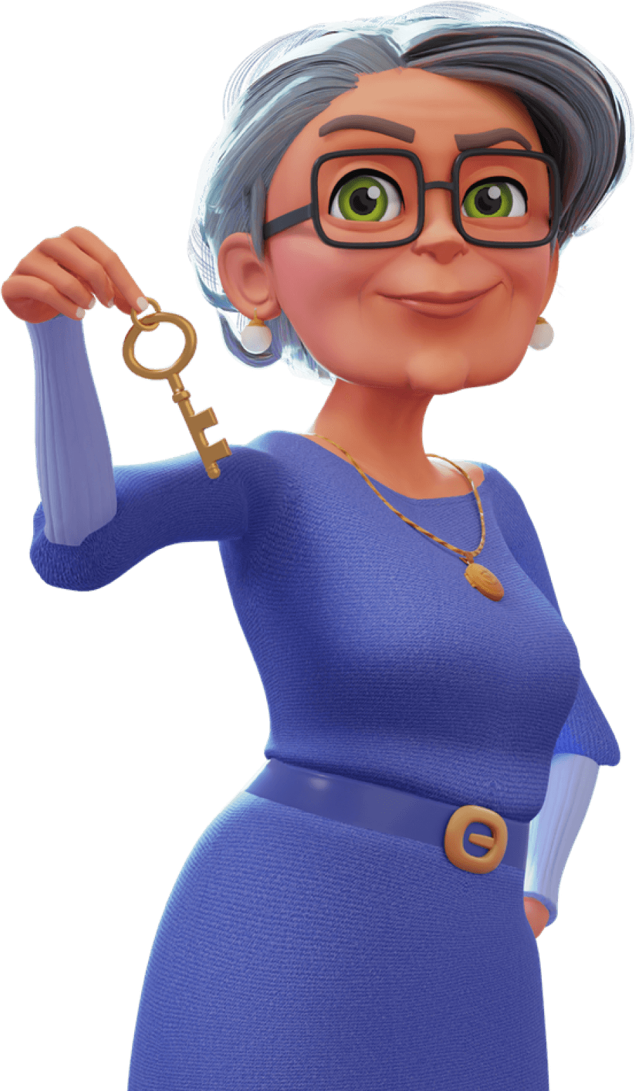 Grandma from Merge Mansion dangling a key