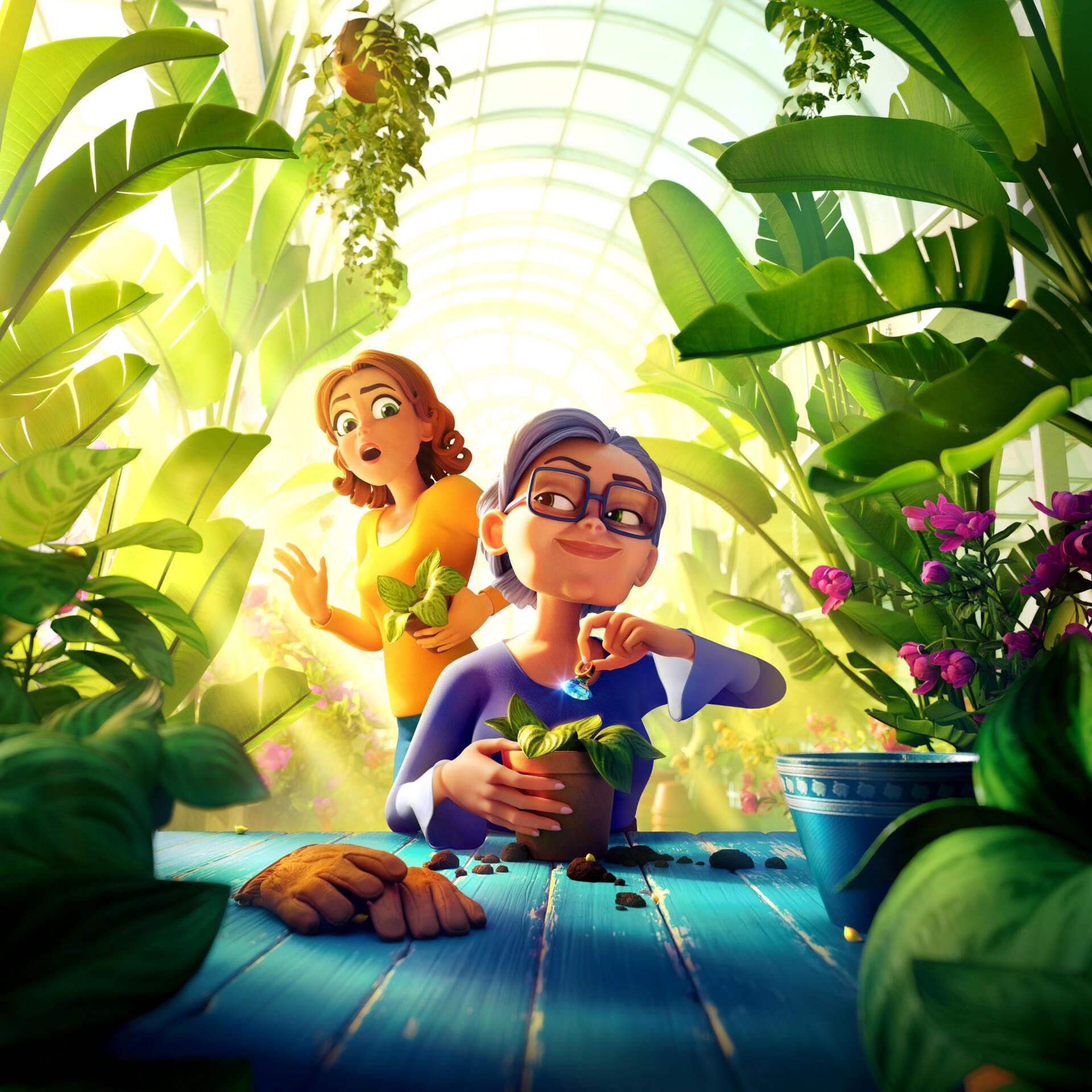 Maddie and Grandma from Merge Mansion in a very dense garden